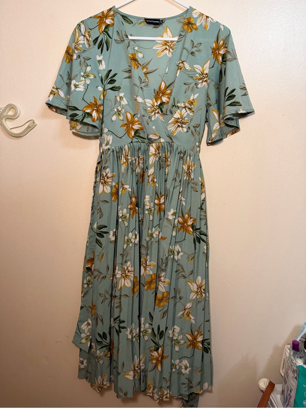 PrettyLittleThing Sage Green Floral Wrap Midi Dress